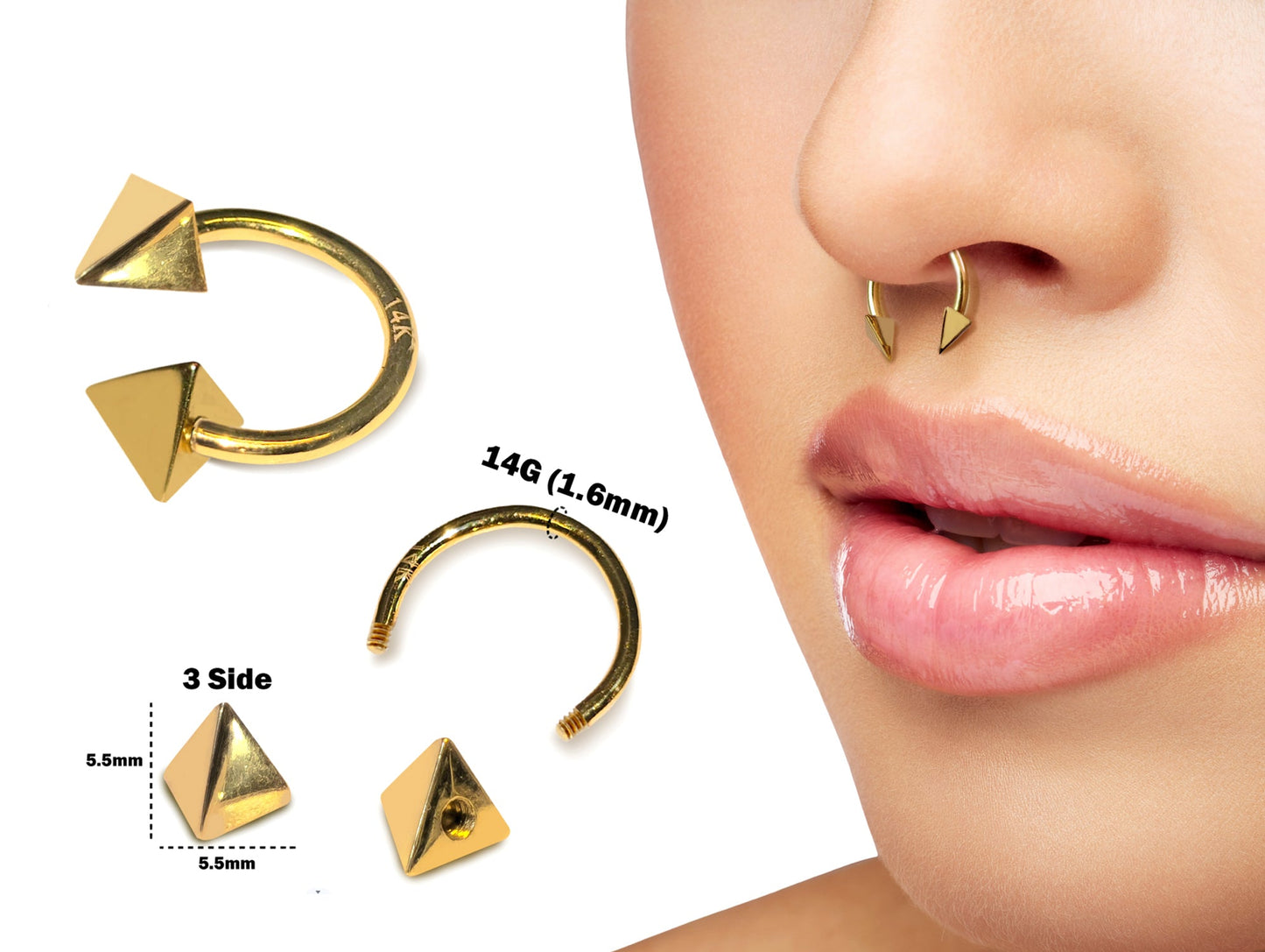 14K Gold 3 Side Pyramid Cone Septum Horseshoe Barbell, Septum ring, Lip Piercing - 14G Body Jewellery Gold Nose Ring