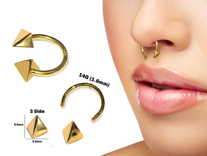 14K Gold 3 Side Pyramid Cone Septum Horseshoe Barbell, Septum ring, Lip Piercing - 14G Body Jewellery Gold Nose Ring