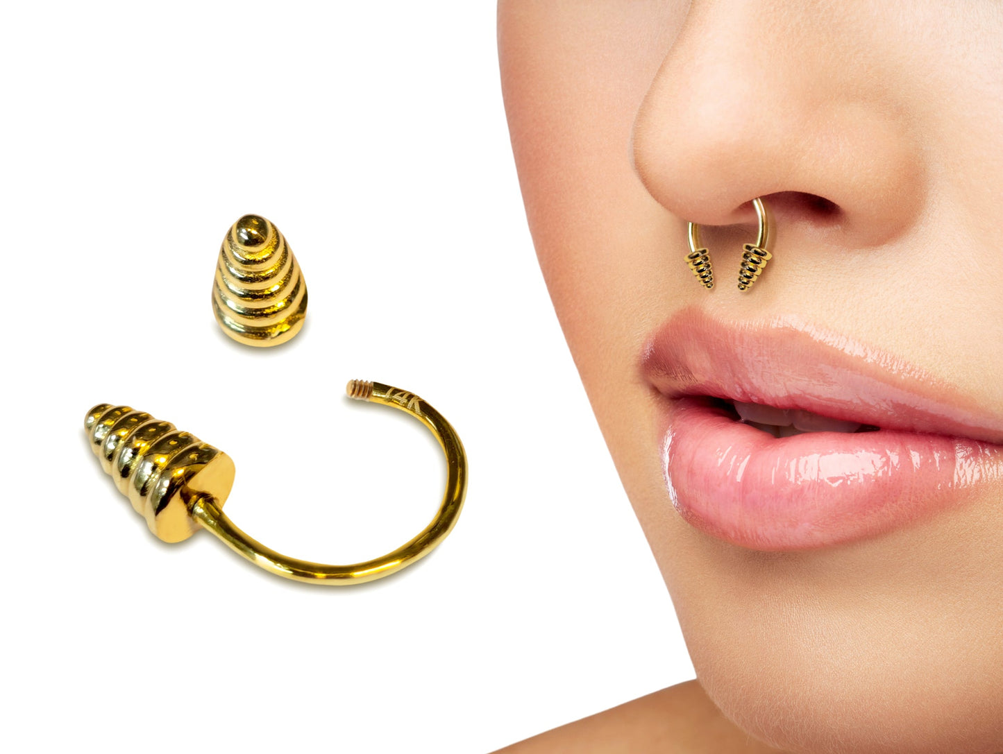 14K Gold Septum Horseshoe Barbell, Septum ring, Lip Ring, Dumbbell Design Piercing - 16G Body Jewellery Gold Nose Ring