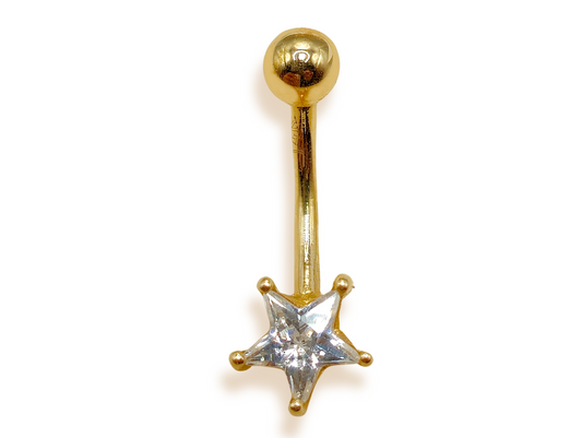 14K Solid Gold Belly Button Ring - Star Shape Crystal Belly Ring - Gold Belly Bar made of 14K Gold - Fine Jewelry Hand Set and Hand Polished