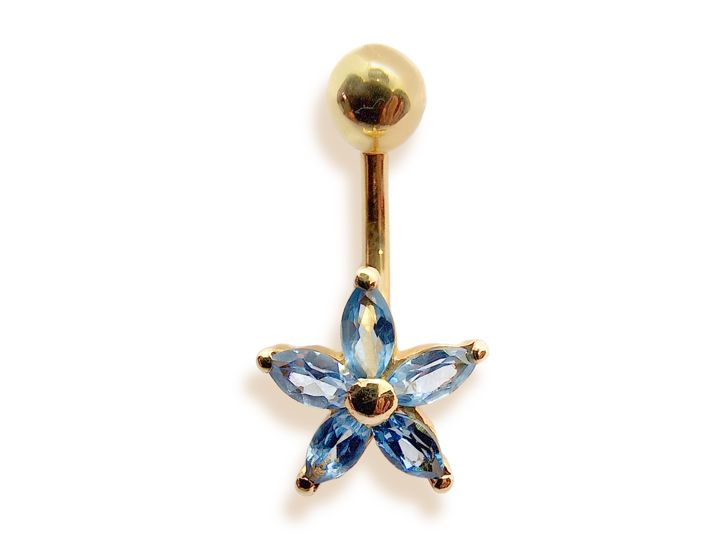 14K Gold Belly Bar - Solid Gold Belly Button Ring comes in a Star Shape Flower Crystal Belly Ring -  Fine Jewelry Hand Set and Hand Polished