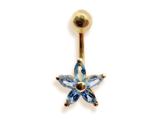 14K Gold Belly Bar - Solid Gold Belly Button Ring comes in a Star Shape Flower Crystal Belly Ring -  Fine Jewelry Hand Set and Hand Polished