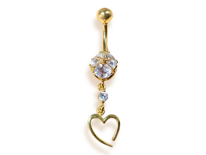 Belly Button Ring Dangle Open Heart Shape with Crystal Belly Ring - Belly Bar made of 14K Gold Fine Jewelry Hand Set and Hand Polished