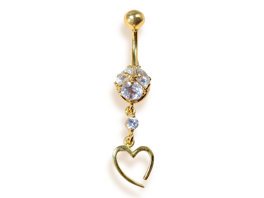 Belly Button Ring Dangle Open Heart Shape with Crystal Belly Ring - Belly Bar made of 14K Gold Fine Jewelry Hand Set and Hand Polished