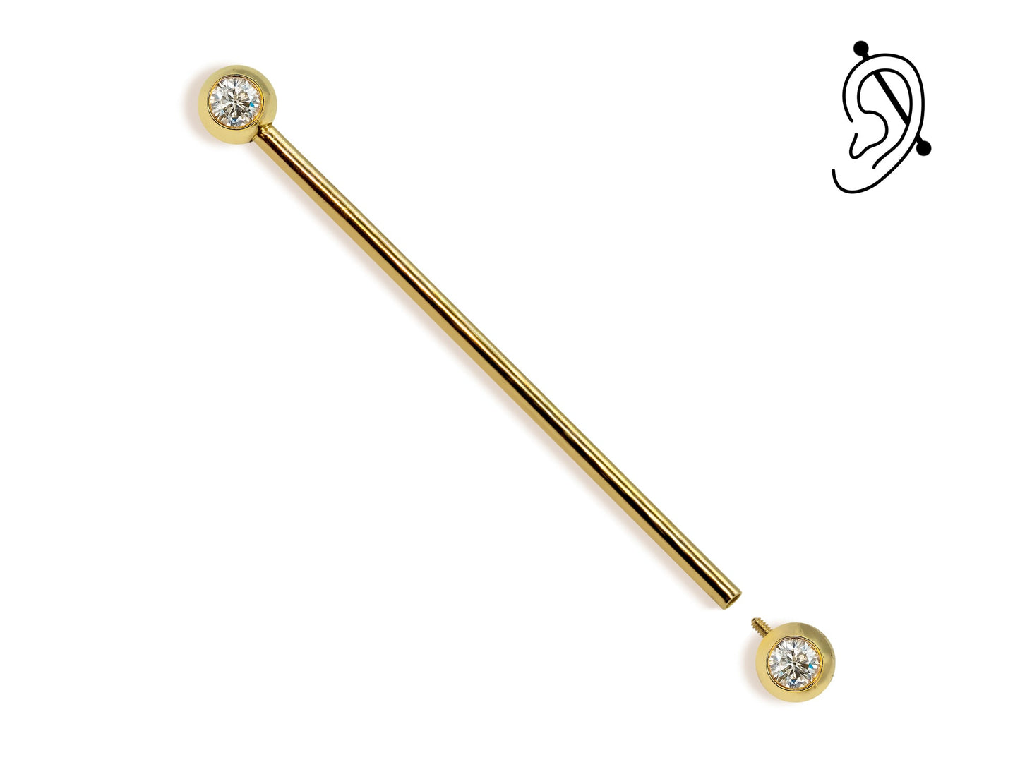 14G (1.6mm) | 14K Gold Industrial Barbell with Gemstones, Scaffold Piercing Internally Threaded Body Jewellery