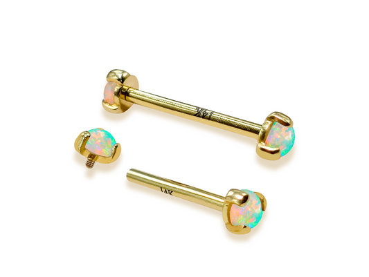 14K Solid Gold Nipple Barbell Jewellery with Opal Stone - Internally threaded - Body Piercing Also for Cartilage Earrings - 1pc each order