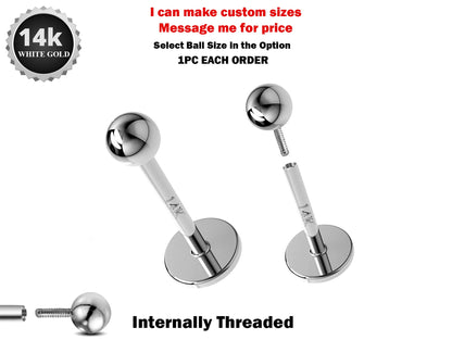 14K White Gold Internal Labret Lip Piercing -16G 14G - Body Jewelry for Tragus, Cartilage - Hand Made