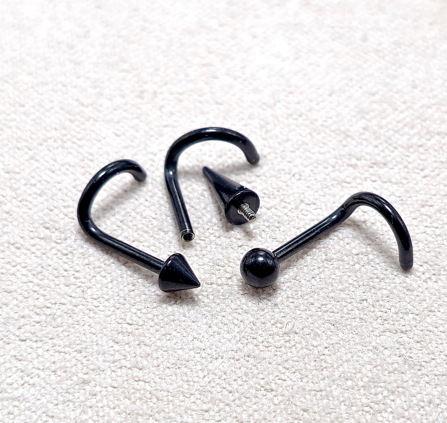 Titanium Black Nose Screw, Nostril Jewelry - 18G Internally Threaded in Ball Spike and Cones
