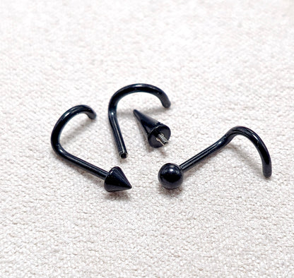 Titanium Black Nose Screw, Nostril Jewelry - 18G Internally Threaded in Ball Spike and Cones