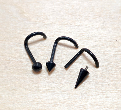Titanium Black Nose Screw, Nostril Jewelry - 18G Internally Threaded in Ball Spike and Cones