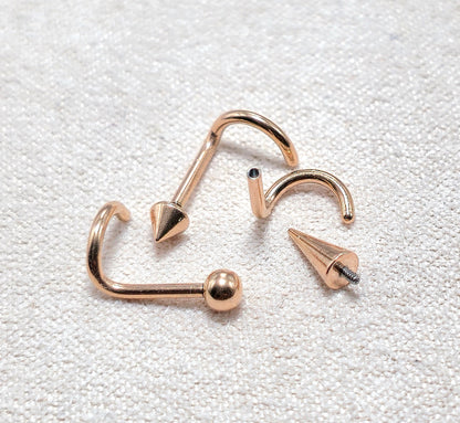 Titanium Rose Gold Nose Piercing Screw, Nostril Jewellery - 18G Internally Threaded in Ball Spike and Cones