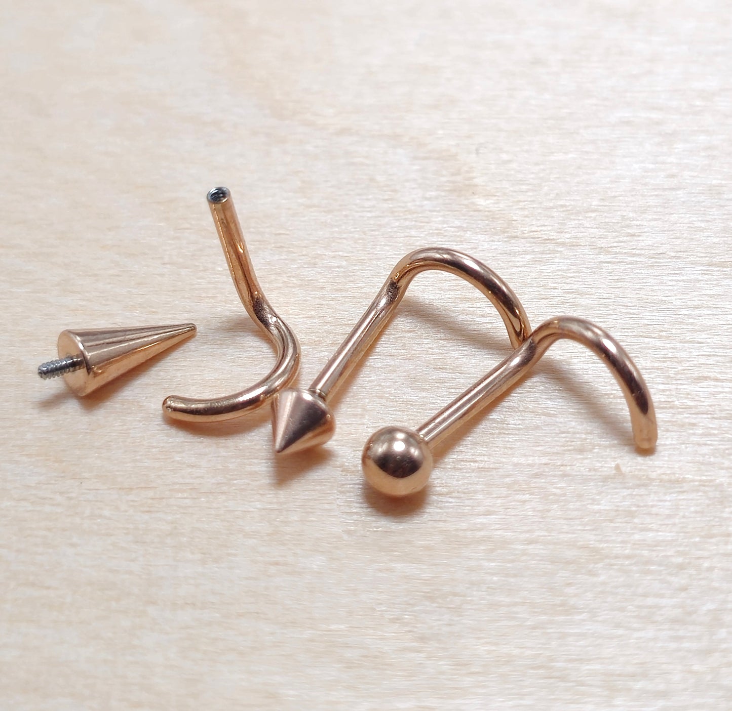 Titanium Rose Gold Nose Piercing Screw, Nostril Jewellery - 18G Internally Threaded in Ball Spike and Cones