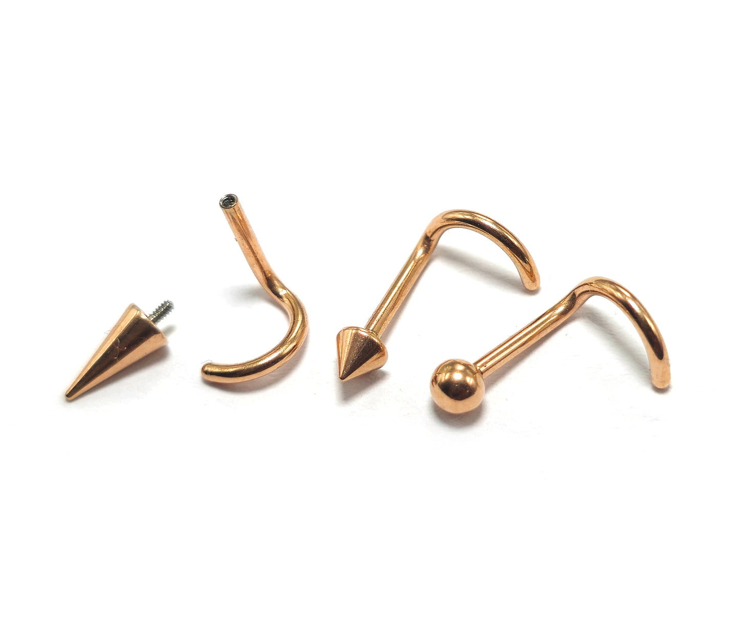 Titanium Rose Gold Nose Piercing Screw, Nostril Jewellery - 18G Internally Threaded in Ball Spike and Cones