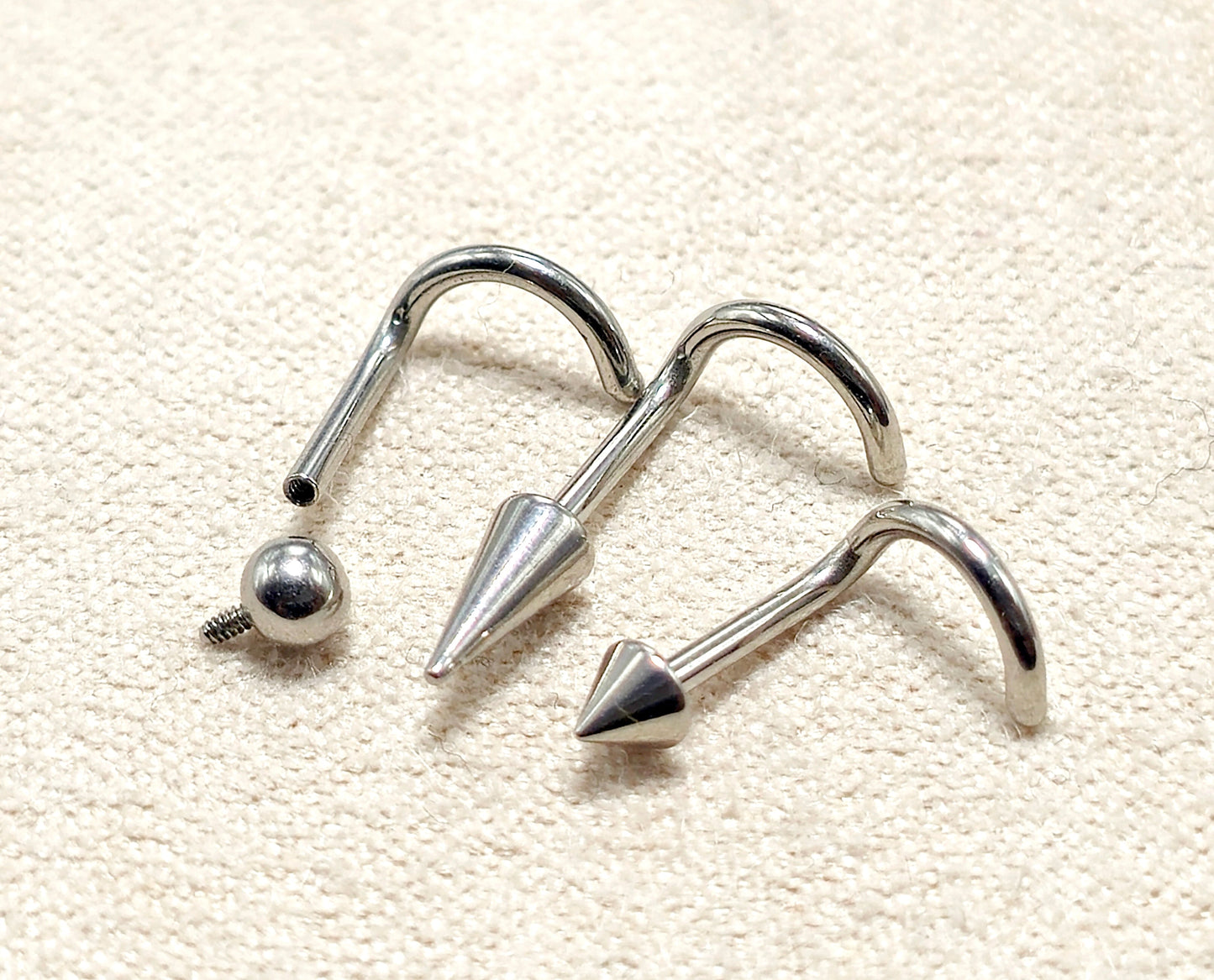 Titanium Nostril Nose Piercing, Nose Screw - 18G Internally Threaded in Ball Spike and Cones