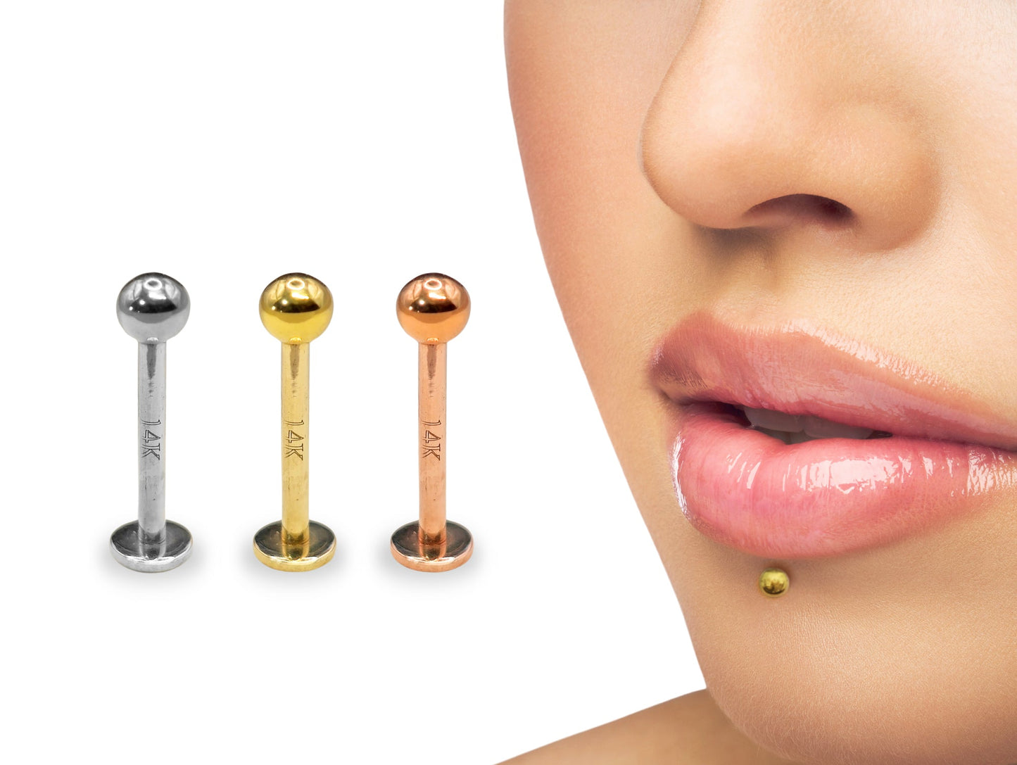 Labret Stud Lip Piercing in 14K Gold, Rose Gold and White Gold Body Jewellery for Tragus, Ashley, Cartilage