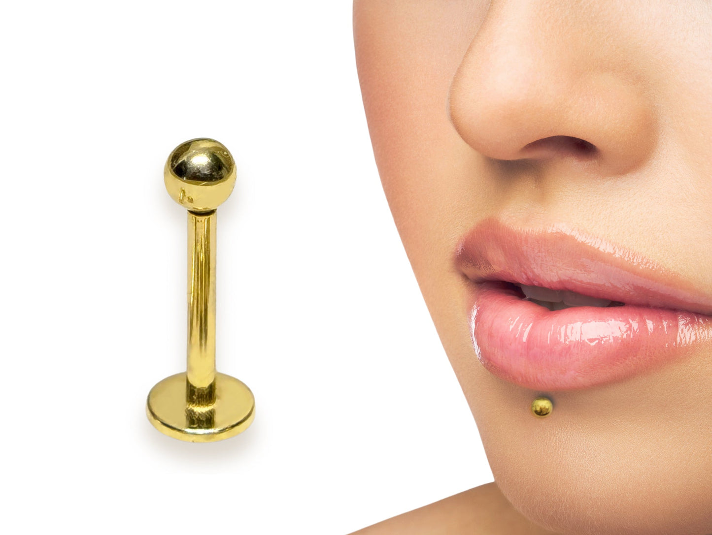 14K Solid Gold Labret Lip Piercing -16G & 14G - Body Jewellery for Tragus, Medusa, Ashley Jewelry, Cartilage Studs- Hand Made