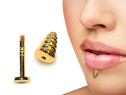 14K Gold Labret Stud Lip Jewellery, Lip Piercing Tragus Earring - Dumbbell Design - 16G Body Jewellery Gold Lip Bar