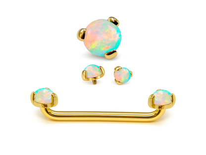 14K 18K Gold Surface Barbell with Opal Stones Dermal Staple Piercing Internally Threaded 16G 14G Body Jewellery - Sold in 1pc