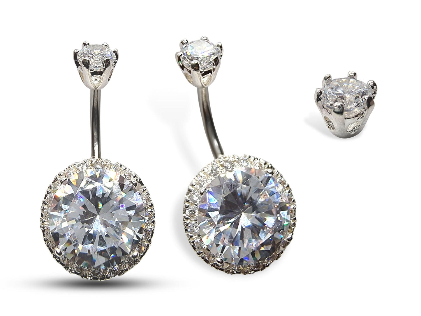 Silver Belly Button Rings, Navel Piercing - Belly Piercing with High Quality CZ Crystals - Navel Jewelry - 16g (1.6mm) Length is 10mm
