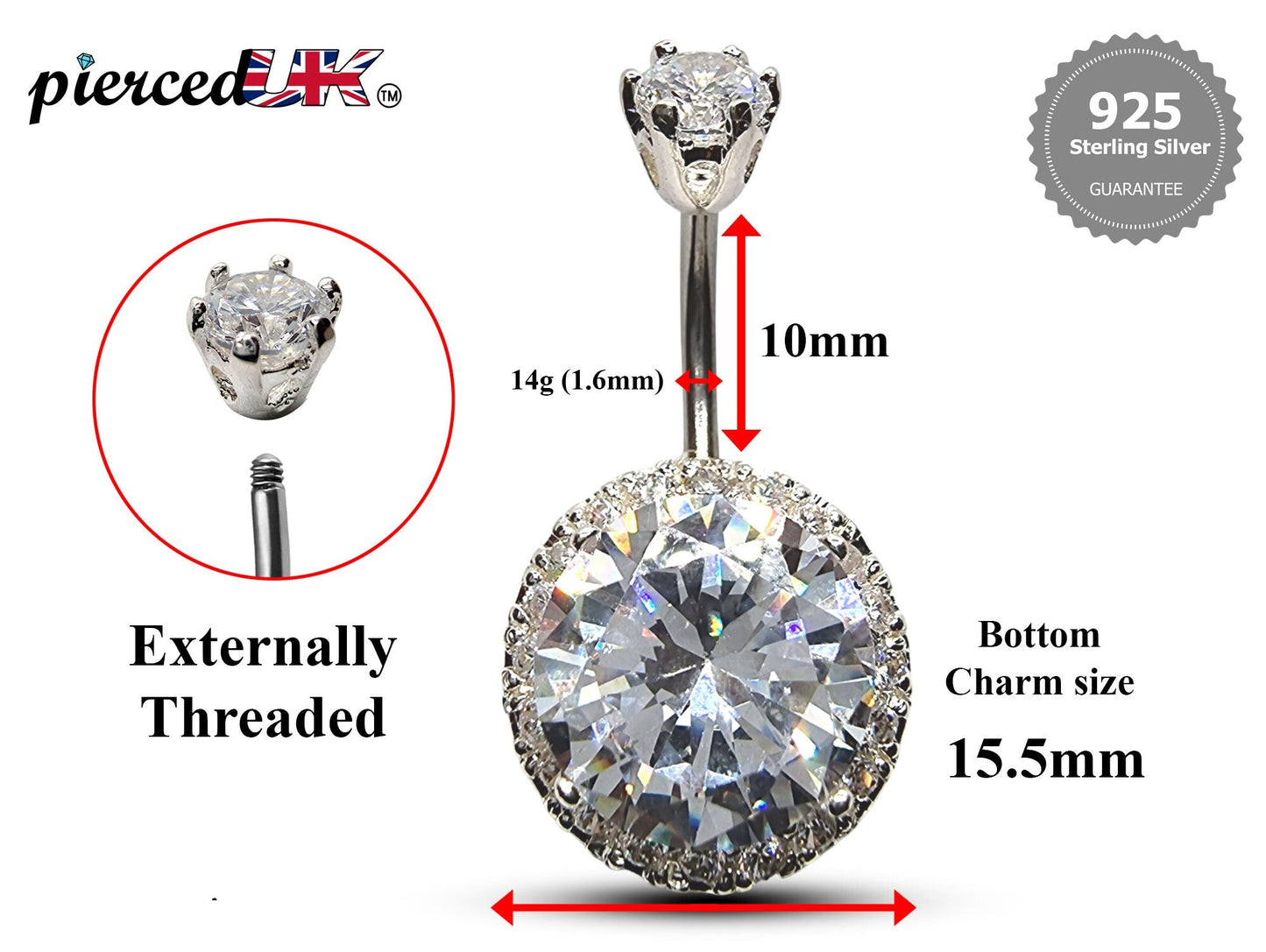 Silver Belly Button Rings, Navel Piercing - Belly Piercing with High Quality CZ Crystals - Navel Jewelry - 16g (1.6mm) Length is 10mm