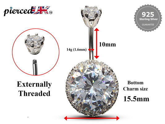 Silver Belly Button Rings, Navel Piercing - Belly Piercing with High Quality CZ Crystals - Navel Jewelry - 16g (1.6mm) Length is 10mm