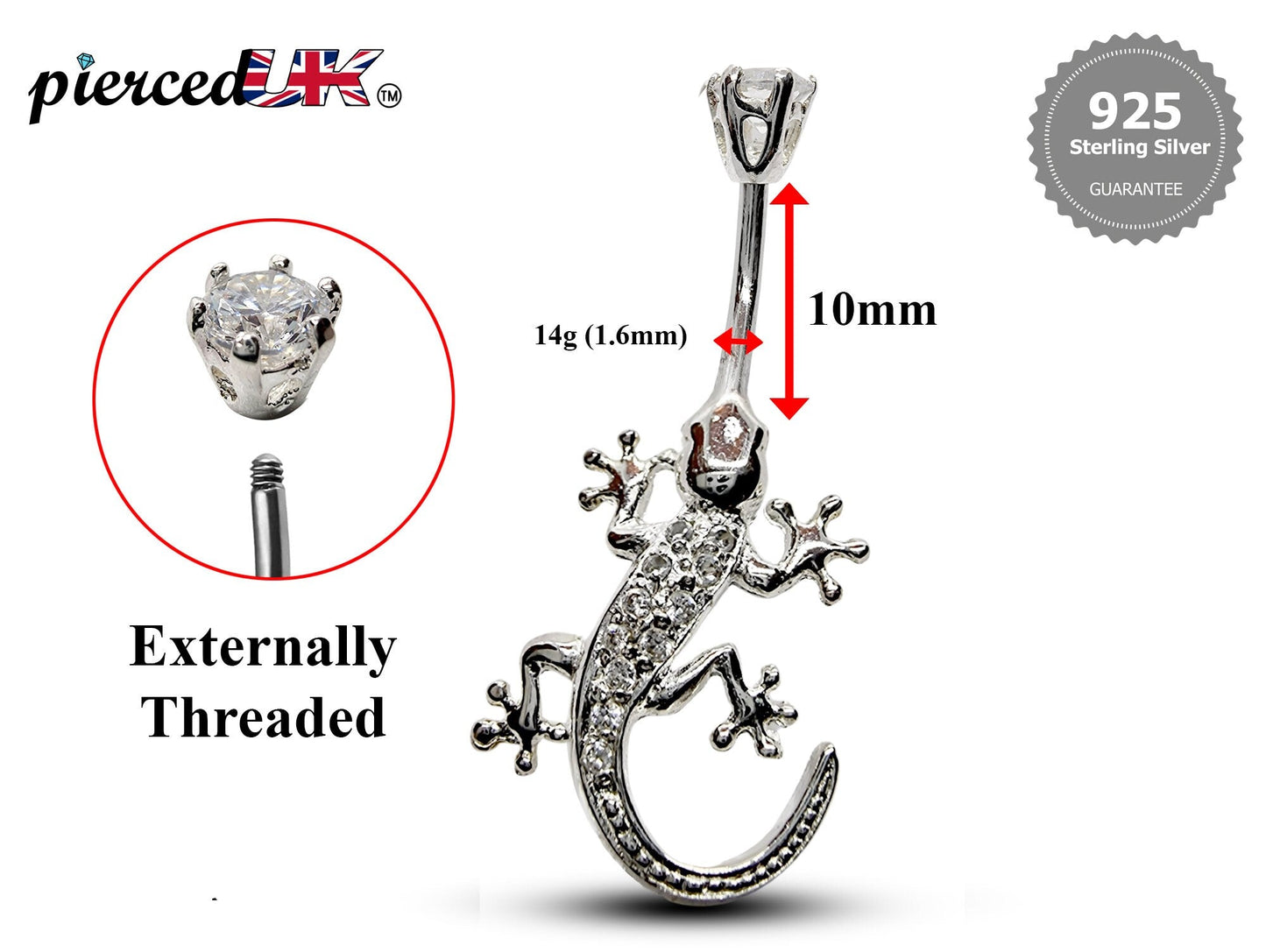 Silver Belly Button Piercing, Belly Bars - Gecko Lizard Belly Ring with High Quality CZ Crystals - Navel Ring - 16g (1.6mm) Length is 10mm