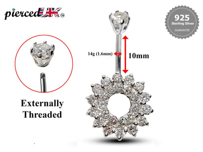 Silver Belly Button Rings, Navel Piercing - Floral Belly Bar with Center Hole and CZ Crystals - Navel Jewelry - 16g (1.6mm) Length is 10mm