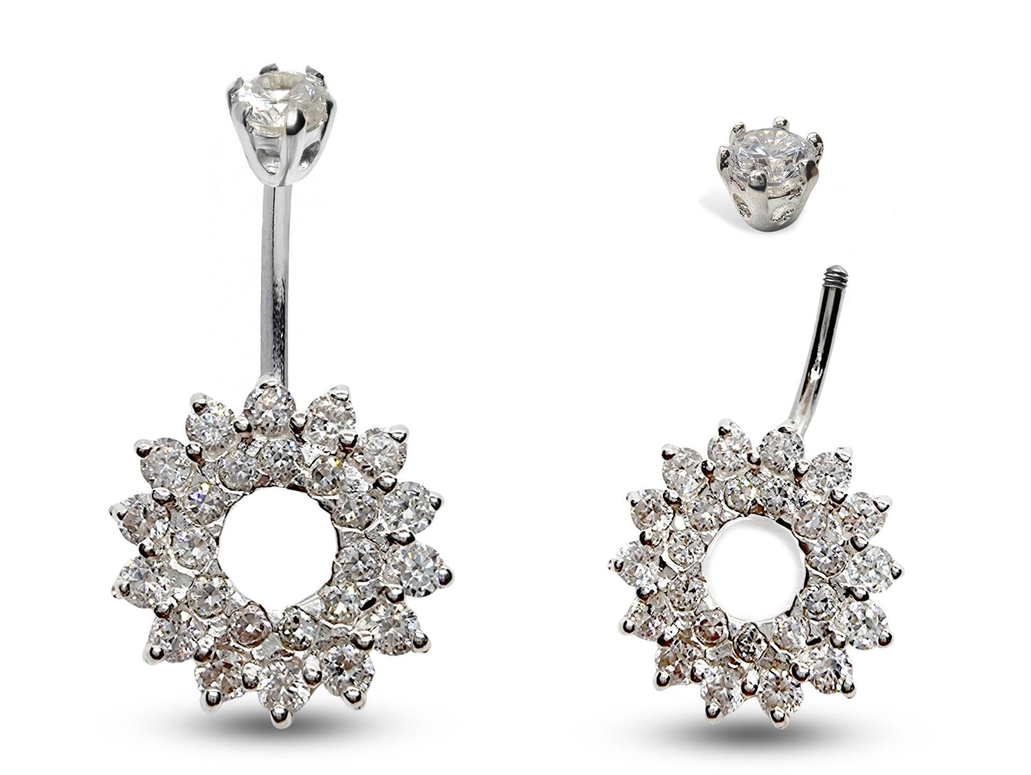 Silver Belly Button Rings, Navel Piercing - Floral Belly Bar with Center Hole and CZ Crystals - Navel Jewelry - 16g (1.6mm) Length is 10mm