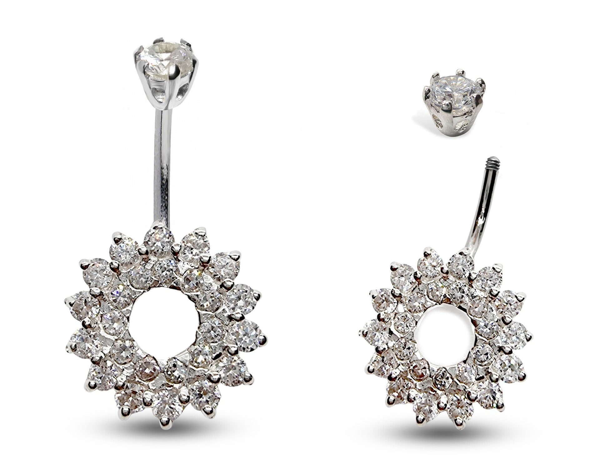 Silver Belly Button Rings, Navel Piercing - Floral Belly Bar with Center Hole and CZ Crystals - Navel Jewelry - 16g (1.6mm) Length is 10mm