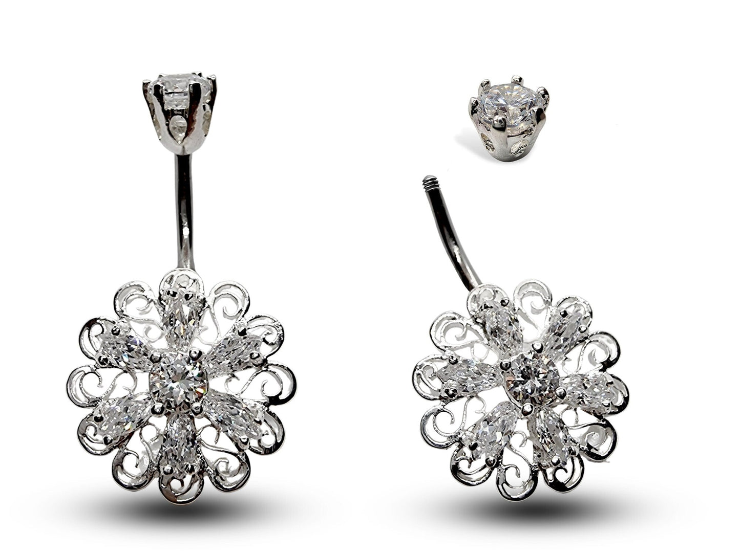 Silver Belly Button Piercing, Belly Bars - Unique Style Belly Ring with High Quality CZ Crystals - Navel Ring - 16g (1.6mm) Length is 10mm