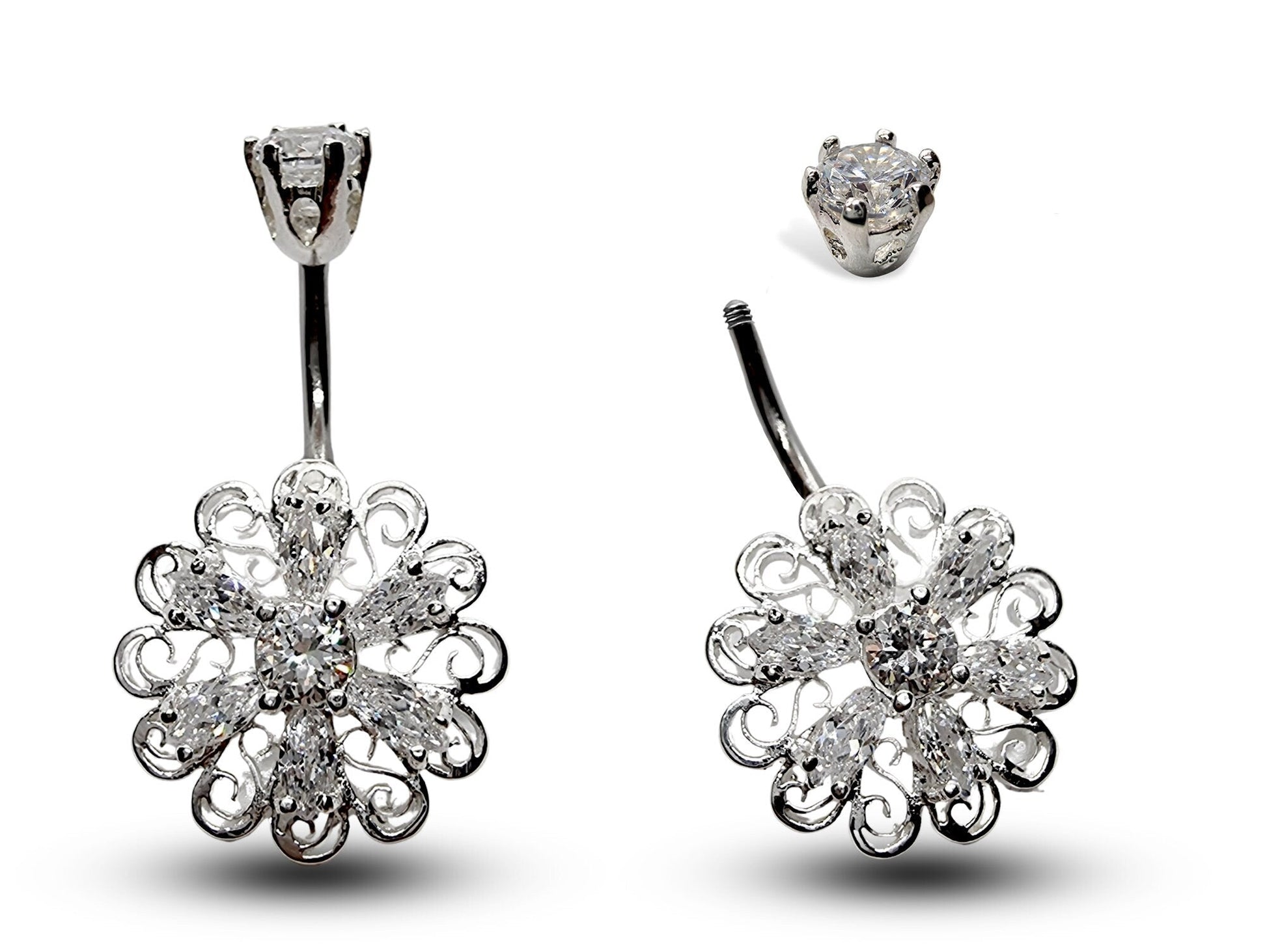 Silver Belly Button Piercing, Belly Bars - Unique Style Belly Ring with High Quality CZ Crystals - Navel Ring - 16g (1.6mm) Length is 10mm