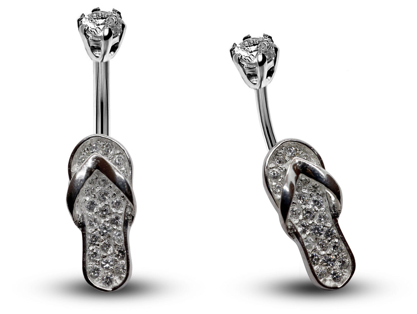 Silver Belly Button Rings, Navel Piercing - Flip Flop Belly Piercing with High Quality CZ Crystals -Navel Jewelry-16g (1.6mm) Length is 10mm