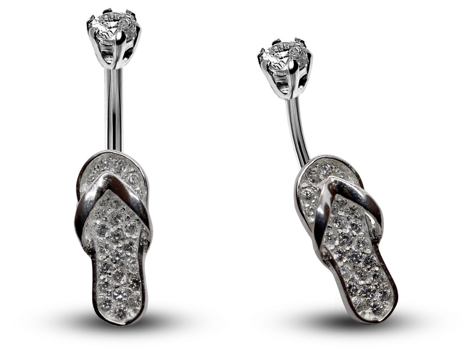 Silver Belly Button Rings, Navel Piercing - Flip Flop Belly Piercing with High Quality CZ Crystals -Navel Jewelry-16g (1.6mm) Length is 10mm