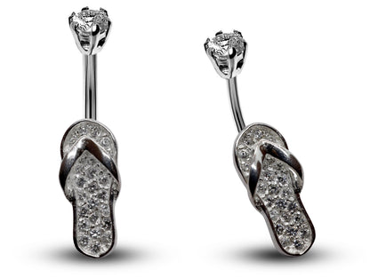 Silver Belly Button Rings, Navel Piercing - Flip Flop Belly Piercing with High Quality CZ Crystals -Navel Jewelry-16g (1.6mm) Length is 10mm