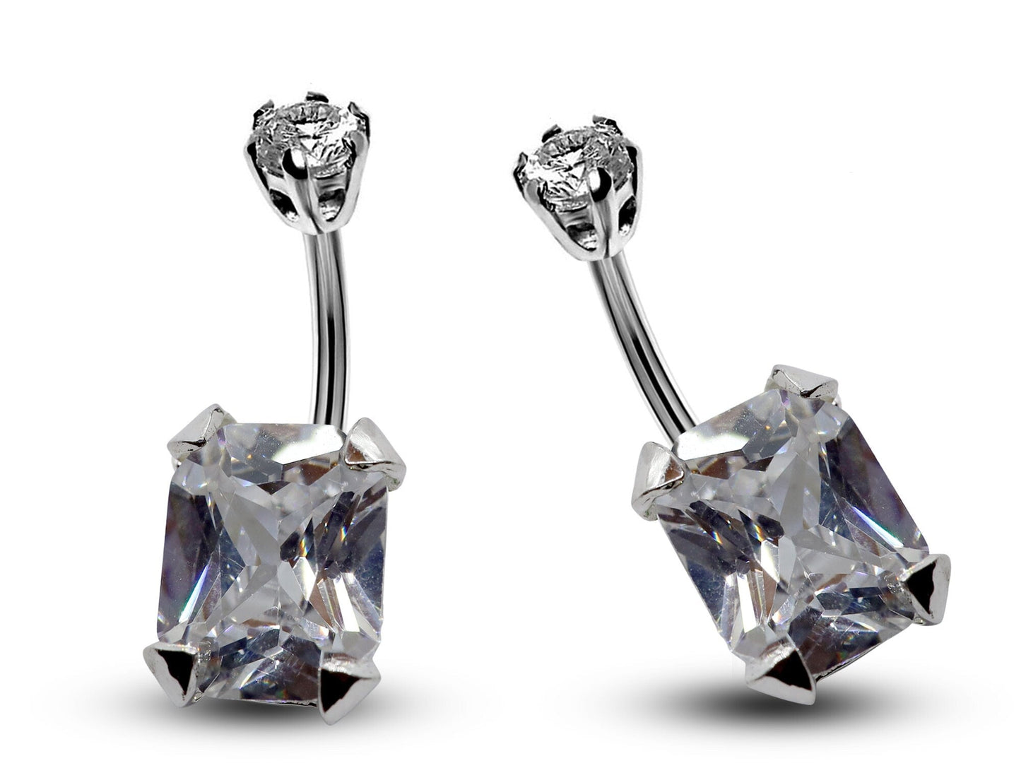 Silver Belly Bars, Navel Ring - Square Shape Belly Piercing with CZ Crystals - Navel Jewelry - 16g (1.6mm) Length 8mm to 12mm
