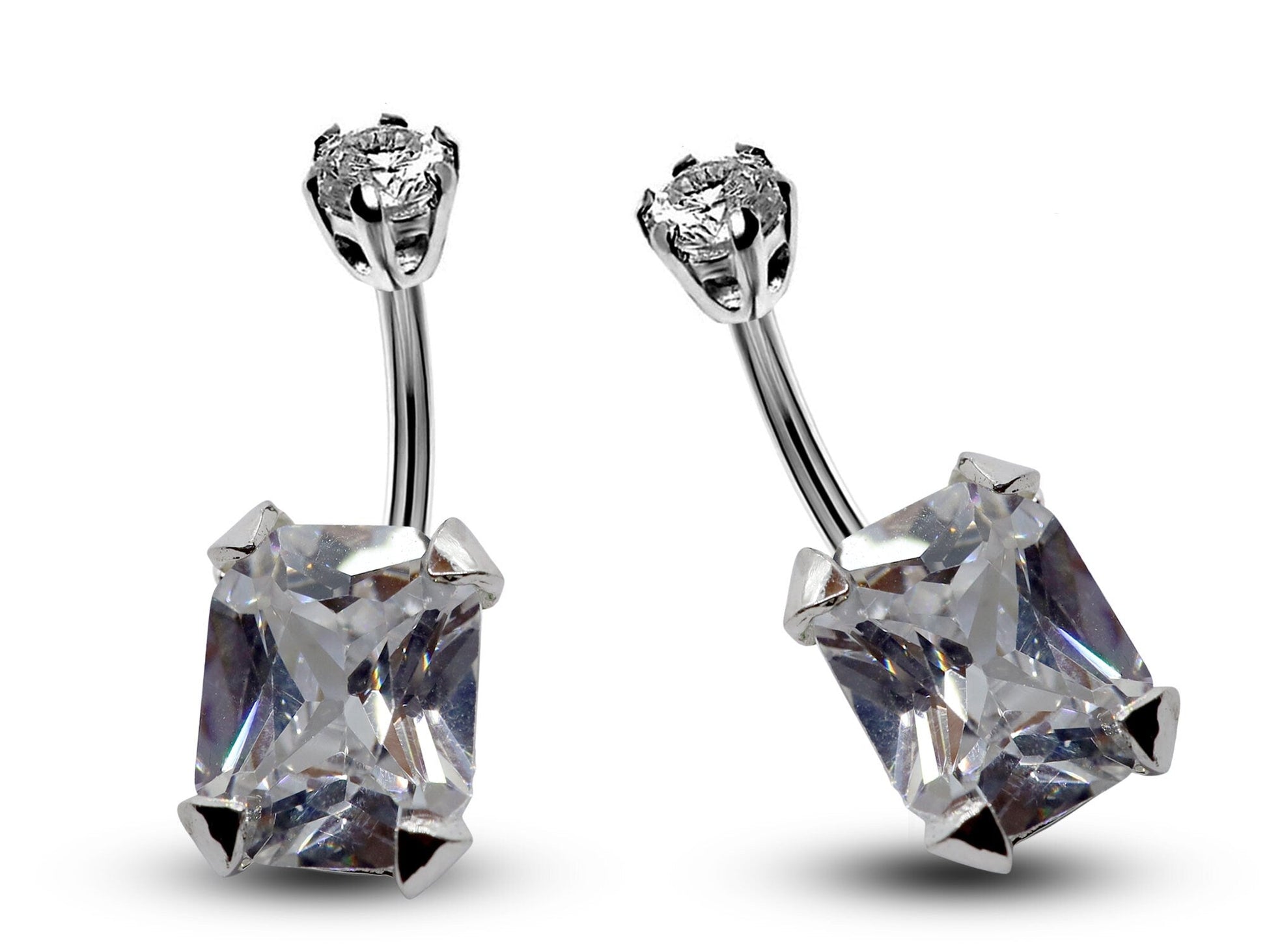 Silver Belly Bars, Navel Ring - Square Shape Belly Piercing with CZ Crystals - Navel Jewelry - 16g (1.6mm) Length 8mm to 12mm