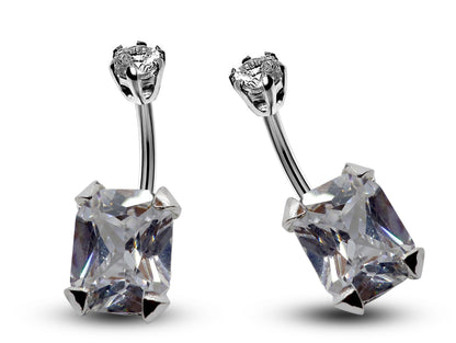 Silver Belly Bars, Navel Ring - Square Shape Belly Piercing with CZ Crystals - Navel Jewelry - 16g (1.6mm) Length 8mm to 12mm