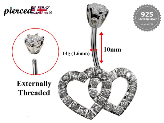 Silver Belly Bars, Belly Piercing - Double Heart Belly Ring with High Quality Oval CZ Crystals - Navel Jewelry - 16g (1.6mm) Length is 10mm