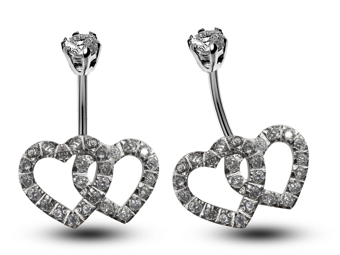 Silver Belly Bars, Belly Piercing - Double Heart Belly Ring with High Quality Oval CZ Crystals - Navel Jewelry - 16g (1.6mm) Length is 10mm