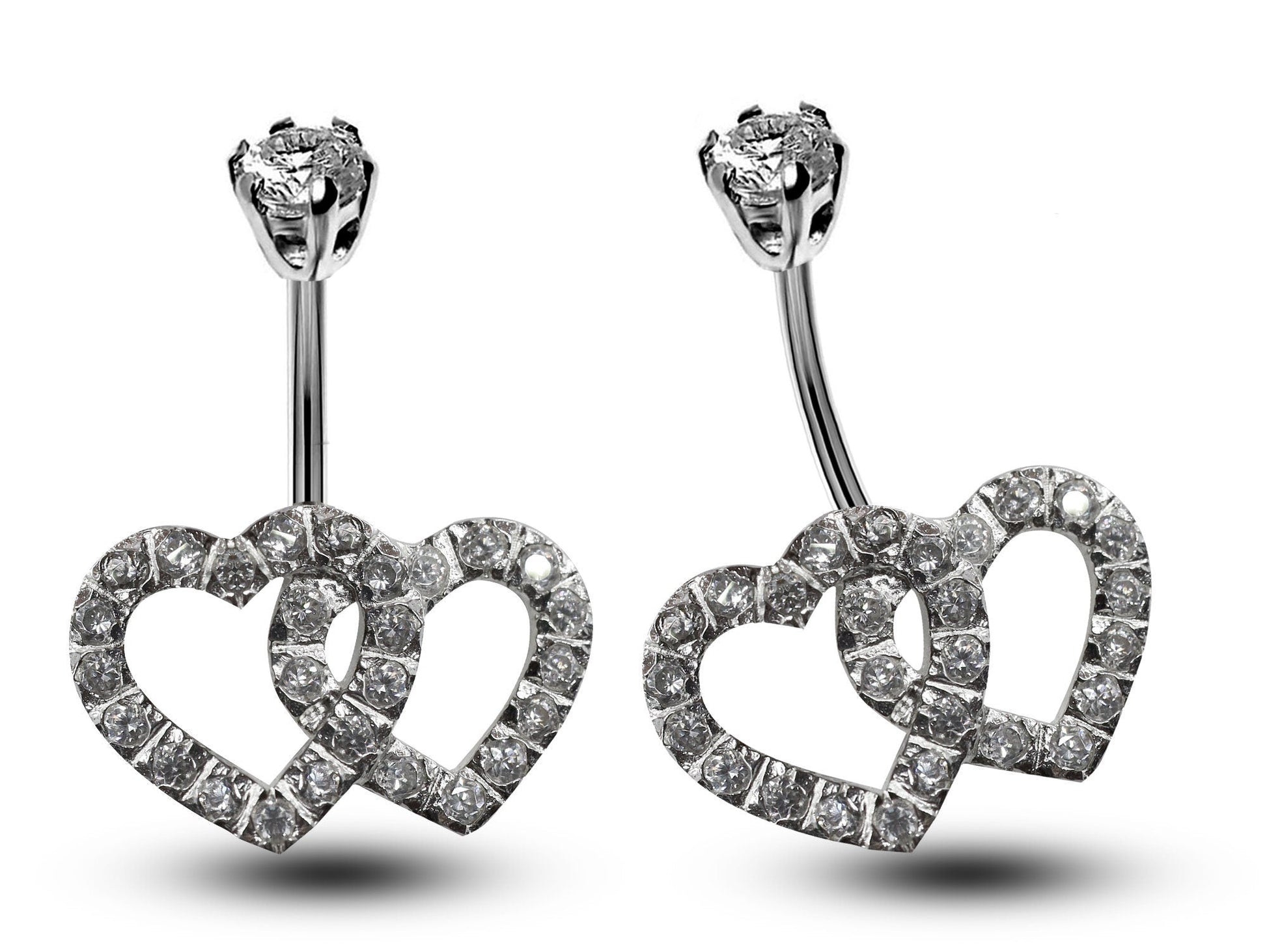 Silver Belly Bars, Belly Piercing - Double Heart Belly Ring with High Quality Oval CZ Crystals - Navel Jewelry - 16g (1.6mm) Length is 10mm