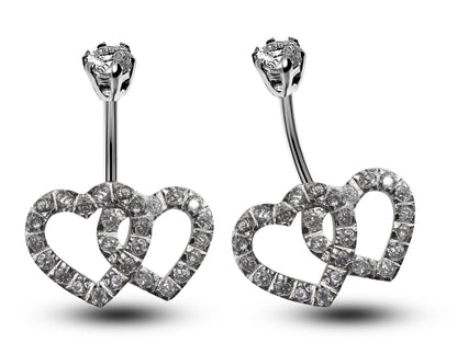 Silver Belly Bars, Belly Piercing - Double Heart Belly Ring with High Quality Oval CZ Crystals - Navel Jewelry - 16g (1.6mm) Length is 10mm