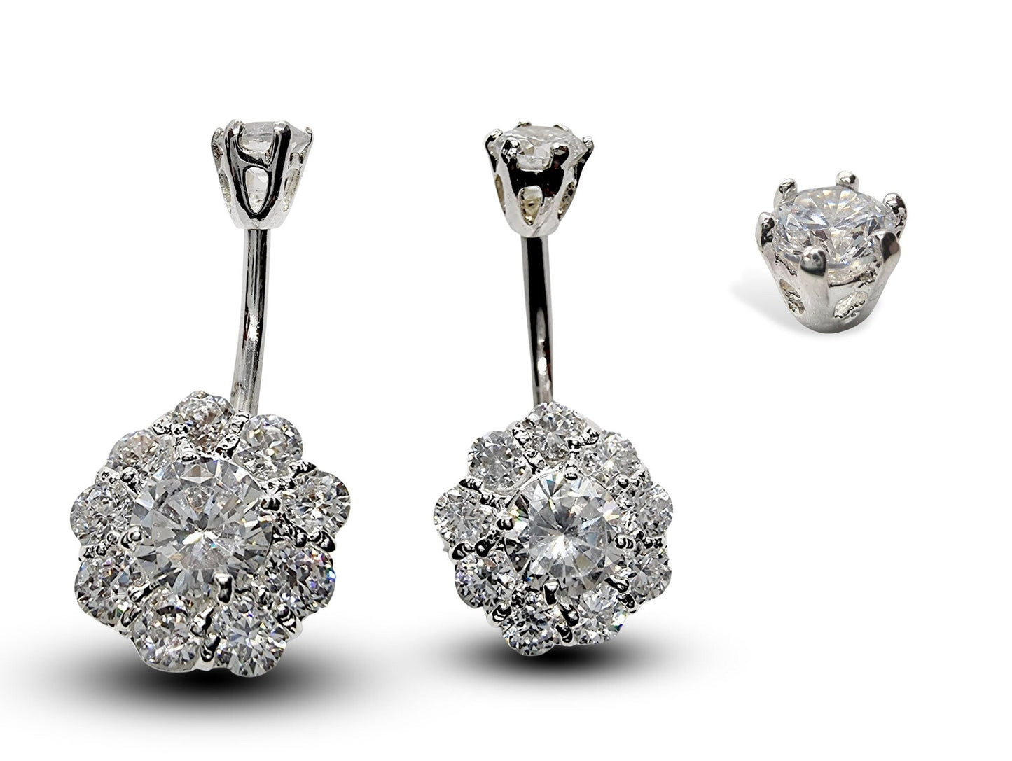 Silver Belly Bars, Belly Piercing - Flower Belly Button Ring with High Quality CZ Crystals - Navel Jewelry - 16g (1.6mm) Length is 10mm