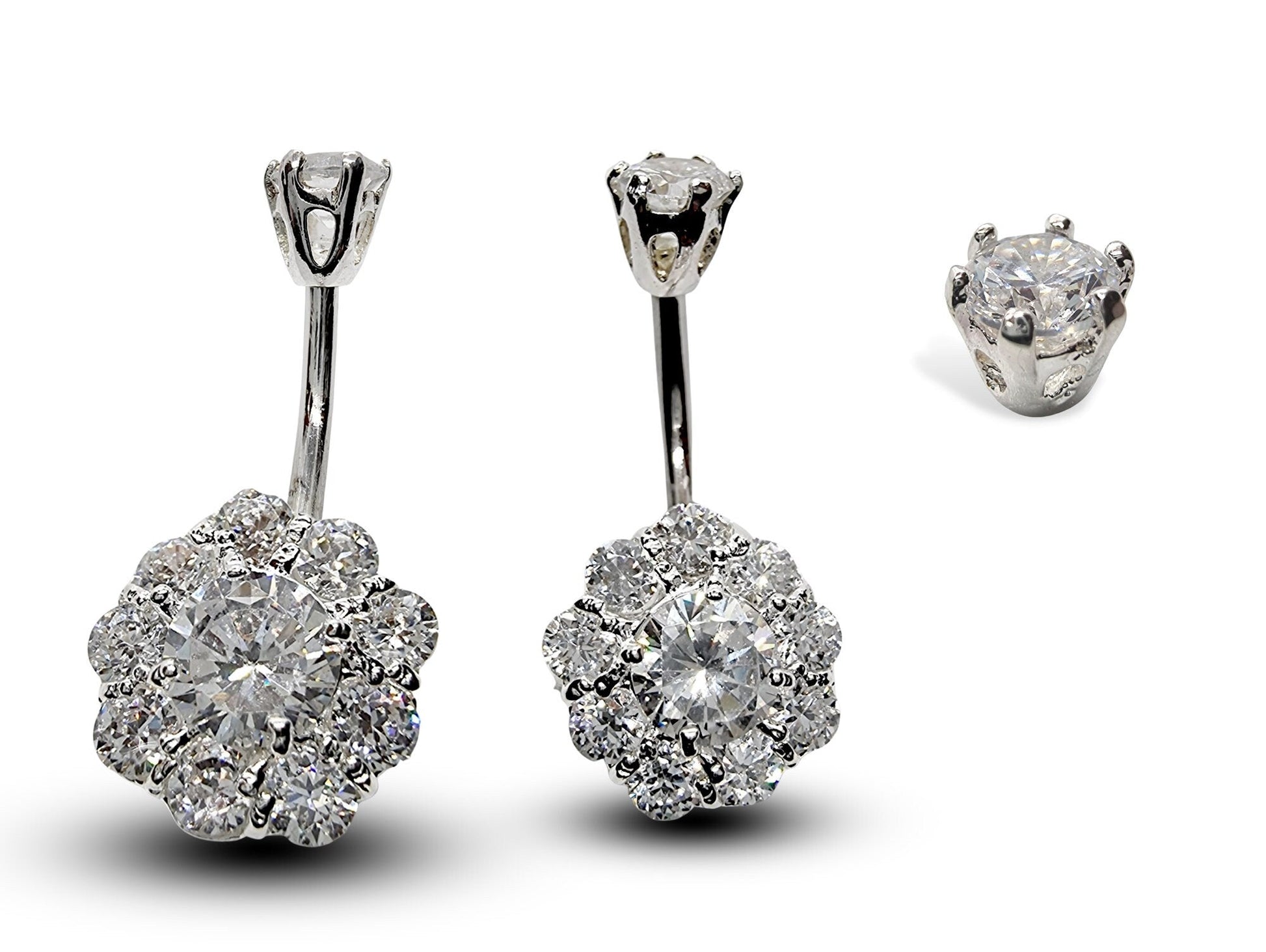 Silver Belly Bars, Belly Piercing - Flower Belly Button Ring with High Quality CZ Crystals - Navel Jewelry - 16g (1.6mm) Length is 10mm