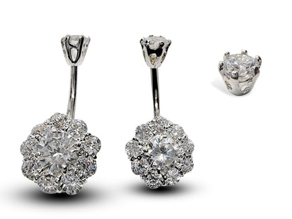 Silver Belly Bars, Belly Piercing - Flower Belly Button Ring with High Quality CZ Crystals - Navel Jewelry - 16g (1.6mm) Length is 10mm