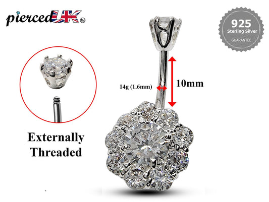 Silver Belly Bars, Belly Piercing - Flower Belly Button Ring with High Quality CZ Crystals - Navel Jewelry - 16g (1.6mm) Length is 10mm