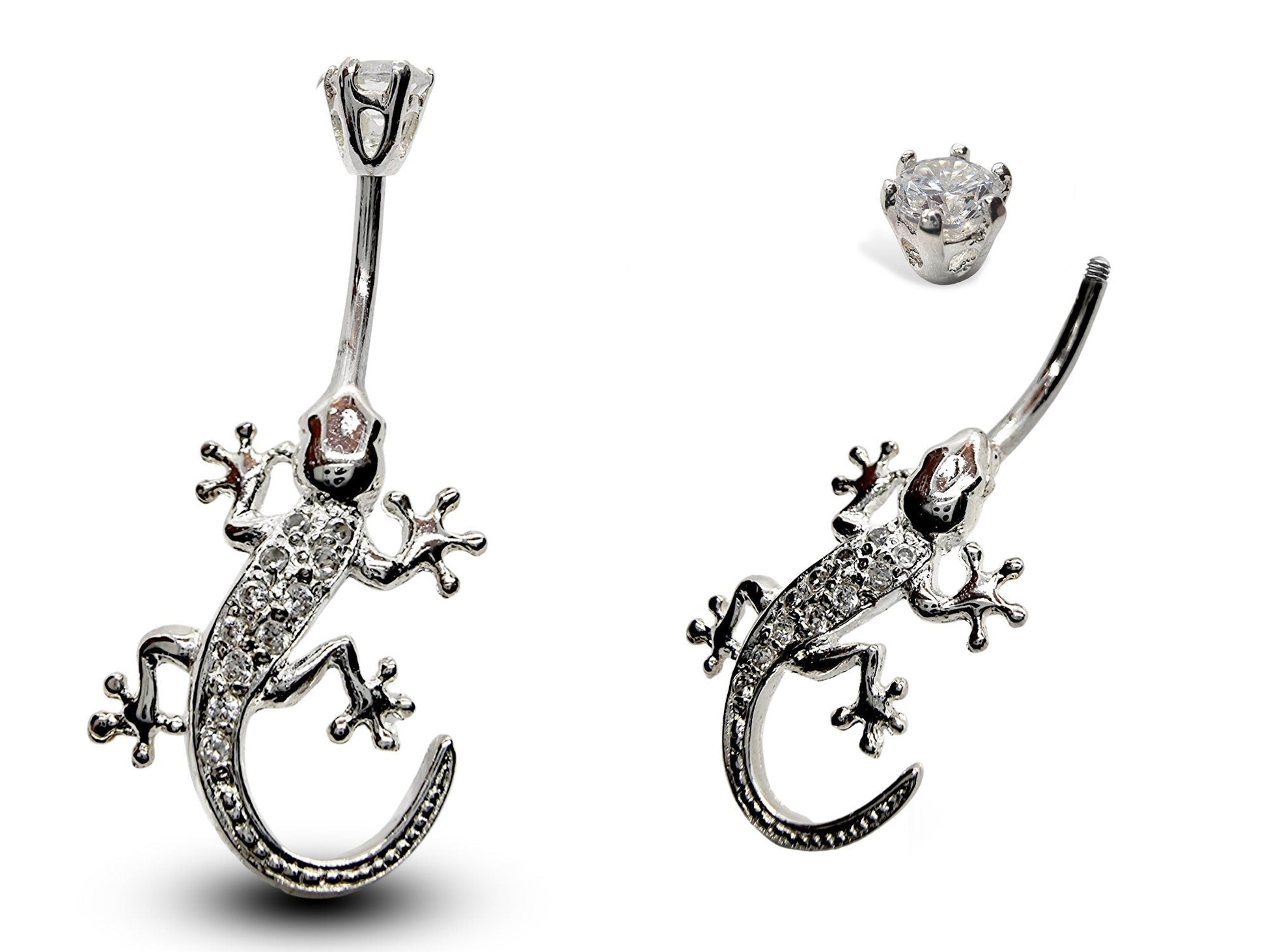 Silver Belly Button Piercing, Belly Bars - Gecko Lizard Belly Ring with High Quality CZ Crystals - Navel Ring - 16g (1.6mm) Length is 10mm