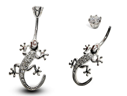 Silver Belly Button Piercing, Belly Bars - Gecko Lizard Belly Ring with High Quality CZ Crystals - Navel Ring - 16g (1.6mm) Length is 10mm
