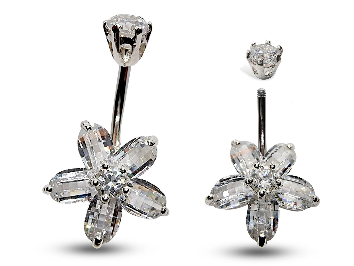 Silver Belly Bars, Navel Ring - 5 Petal Flower Belly Ring with High Quality CZ Crystals - Curved Barbell - 16g (1.6mm) Length is 10mm