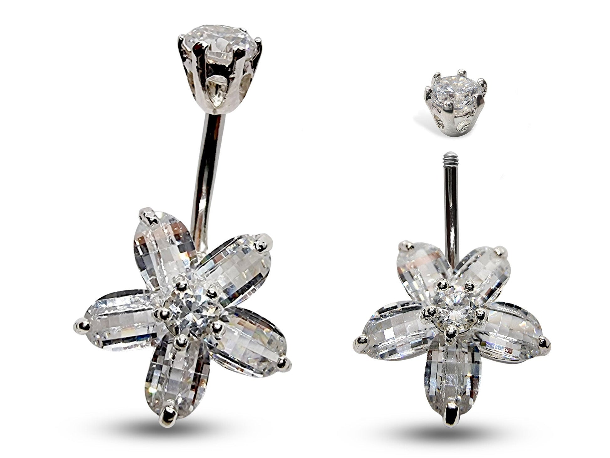 Silver Belly Bars, Navel Ring - 5 Petal Flower Belly Ring with High Quality CZ Crystals - Curved Barbell - 16g (1.6mm) Length is 10mm