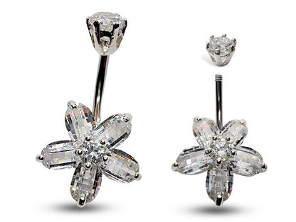 Silver Belly Bars, Navel Ring - 5 Petal Flower Belly Ring with High Quality CZ Crystals - Curved Barbell - 16g (1.6mm) Length is 10mm